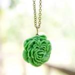 Green Matte Peony Flower Necklace, Vintage Style with Antique Brass Chain - Pear Tree