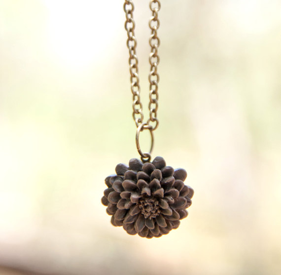 Deep Brown Chrysanthemum Flower Necklace Vintage Inspired - Espresso