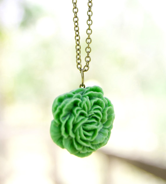 Green Matte Peony Flower Necklace, Vintage Style with Antique Brass Chain - Pear Tree