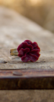 Red-Burgundy Lotus Flower Antique Brass Adjustable Ring Valentines Day Gift - Cabernet