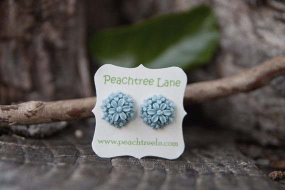 Blue Rose & Lily Flower Cabochon Post Earrings Maid of Honor Gifts Hypoallergenic - Waters