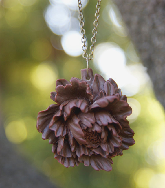 Dark Brown Peony Flower Necklace Vintage Style - Dark Chocolate