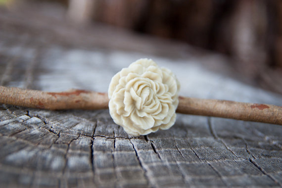 Ivory-Cream Peony Flower Antique Brass Adjustable Ring - Pearl