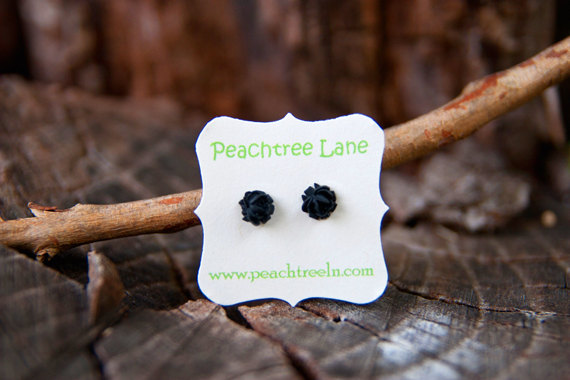 Tiny Black Rose Cabochon Post Earring Stud - Coal