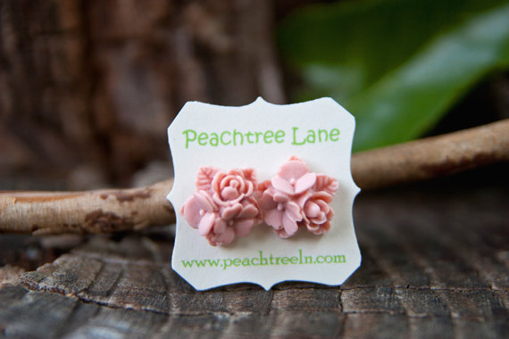Pale Pink Flower Stud Earrings Vintage Style with Nickel Free Posts - Blush