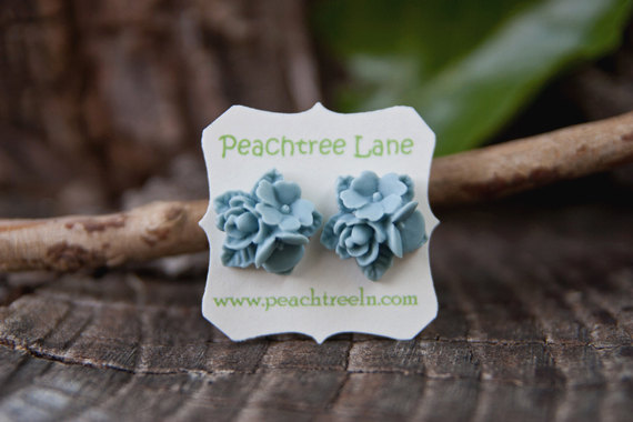 Blue Rose & Lily Flower Cabochon Post Earring Studs - Belle