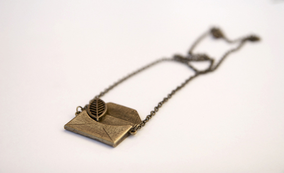 Large Leaf and Love Note Necklace, Antique Brass Vintage Style Necklace - Clementine