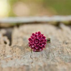 Deep Wine Red Chrysanthemum Cabochon Vintage Style Ring Maid of Honor Gifts - Wine