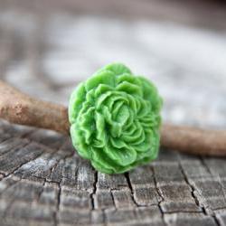 Green Peony Flower Antique Brass Adjustable Ring Vintage Style perfect for Maid of Honor Gift - Green Apple