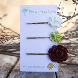 Brown Rose, White Lily, & Green Cabochon Hairpins Vintage Style - Juniper