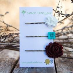 Turqoise-Blue, White Lily Flower, Brown Rose Cabochon Hairpins Vintage Style Hairpins - Lily Pad