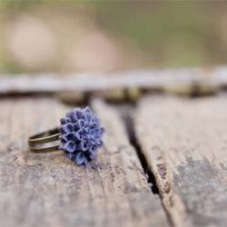 Chrysanthemum Deep Purple Antique brass Adjustable Ring - Starry Night