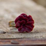 Red-Burgundy Lotus Flower Antique Brass Adjustable Ring Valentines Day Gift - Cabernet