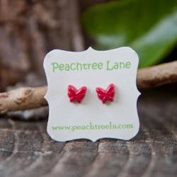 Tiny Crimson-Red Butterfly Nature Post Earring Studs, Hypoallergenic - Crimson