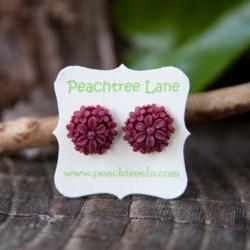 Red-Maroon Rose & Daisy Flower Post Earrings - Wine