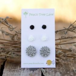 Grey, White, & Black Rose and Chrysanthemum Flower Post Earring Studs - Noir