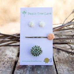 Peach-Pink Rose Hairpin, White Rose Flower Studs, & Green-Moss Chrysanthemum Ring - Peachy Keen