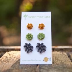 Green Daisy, Purple Lily, Mustard Yellow Rose Post Earring Studs - Persimmon