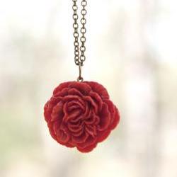 Red-Crimson Peony Flower Cabochon Necklace Vintage Style perfect for Bridesmaid Gifts - Ruby