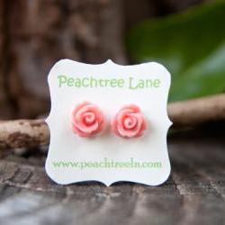 Coral Pink Rose Flower Stud Post Earrings, Bridesmaid Jewelry - Petal
