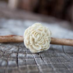 Ivory-Cream Peony Flower Antique Brass Adjustable Ring - Pearl