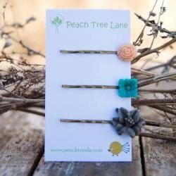 Grey Lily, Turquoise-Aqua, & Peach Rose Cabochon Flower Hairpins Maid of Honor Gifts - Dew