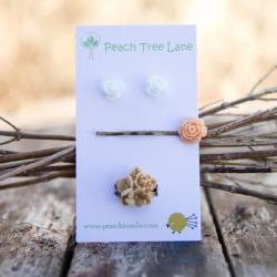 White Rose Earrings, Peach Rose Hairpin, Khaki-Tan Flower Bouquet Ring Assorted Set - Chai