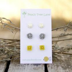 Mustard Yellow, Grey, & Cream-Ivory Flower Post Earrings perfect for Bridesmaid Gifts - Heather