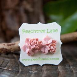 Pale Pink Flower Stud Earrings Vintage Style with Nickel Free Posts - Blush