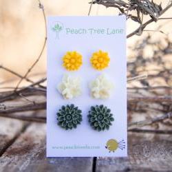 Mustard Yellow Daisy Earring Post, Cream-Ivory Flower Earring, Green-Moss Chrysanthemum Post Earring - Spring