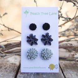 Grey Mum, Purple Lily, & Black Chrysanthemum Flower Post Earring Set Vintage Style - Dusk