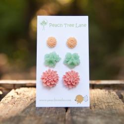Pink Chrysanthemum, Turquoise-Green, Peach Chrysanthemum Flower Cabochon Post Earring Set Vintage Style - Pirouette