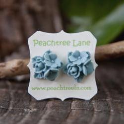 Blue Rose & Lily Flower Cabochon Post Earring Studs - Belle