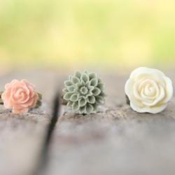 Ivory, Moss, Pale Pink-Peach Adjustable Flower Ring Set Perfect For Bridesmaid Gifts - Dreamsicle
