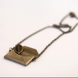 Large Leaf and Love Note Necklace, Antique Brass Vintage Style Necklace - Clementine